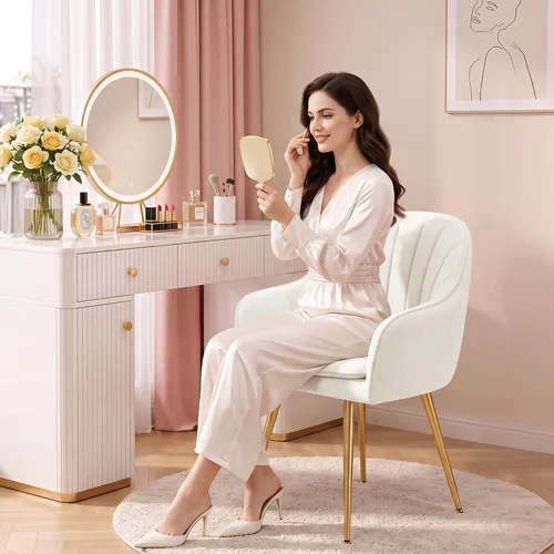Vista 3 de Vanity Chair, White Vanity Chair with Back, Comfy Makeup Chair for Bedroom Beige