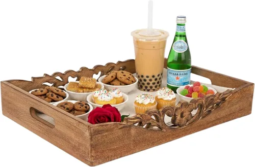 Vista 11 de Mela Artisans Bandeja para servir de madera de mango de 16 x 12 x 2.5 pulgadas con asas, dorado envejecido florecido, tabla de servir de madera