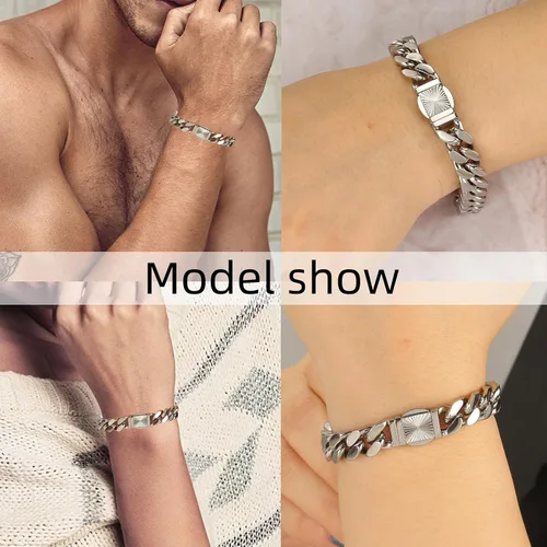 Vista 5 de CaptainSteeL Pulsera de cadena de eslabones cubanos para hombre, acero inoxidable 316L, 90.394 in de ancho, patrón de moda, botón a presión, joyería