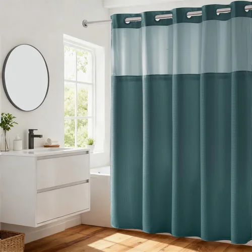 Vista 52 de Cortina de baño River Dream de gran peso sin ganchos necesarios con diseño de gofre punteado y forro a presión - 36W x 74H, de calidad hotelera