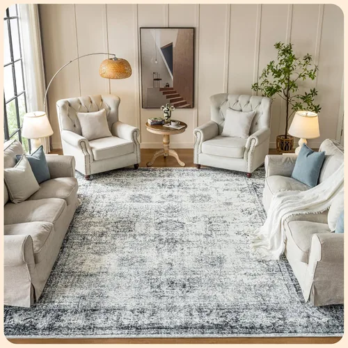 Vista 353 de Istana Alfombra larga antideslizante de 2.5 x 8 para el hogar, para pasillo y cocina, lavable, sedosa y suave al tacto, elegante, color azul y marfil