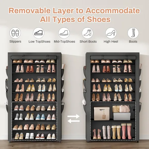 Vista 6 de Zapatero con tapa, organizador de zapatos de 10 niveles para 40-50 pares de zapatos deportivos y botas, gran capacidad, con 8 bolsillos, zapatero