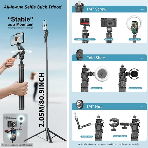 Vista 2 de Trípode de teléfono de 80 pulgadas y palo para selfies, trípode alto extensible todo en uno para teléfono celular para iPhone con control remoto