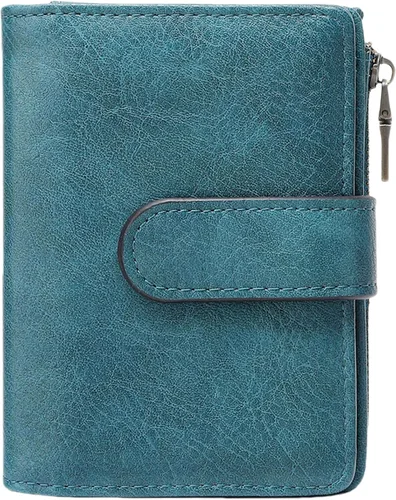 Vista 11 de Cartera pequeña de cuero vegano para mujer, billetera plegable y compacta con bolsillo para monedas con cremallera, Negro, Moderno