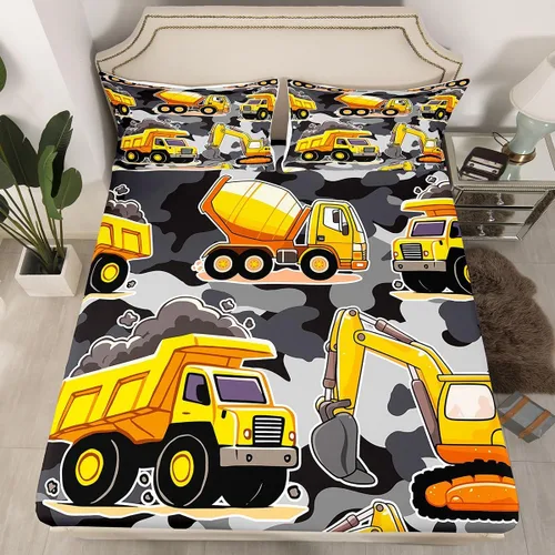 Vista 8 de Juego de sábanas bajeras ajustables para niños, diseño de caricaturas, camiones, tamaño individual, juegos de ropa de cama de excavadoras, camiones