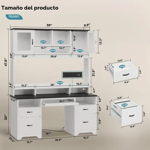 Vista 2 de Bestier Escritorio Ejecutivo de 77.8" de Alto con Estante Superior, Escritorio Moderno de Madera para Computadora con Cajones, Estación de Carga