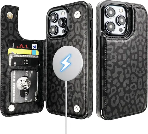 Vista 18 de HAOPINSH Funda tipo cartera para iPhone 15 Pro Max con tarjetero, diseño de leopardo negro y guepardo con tapa trasera, de piel sintética