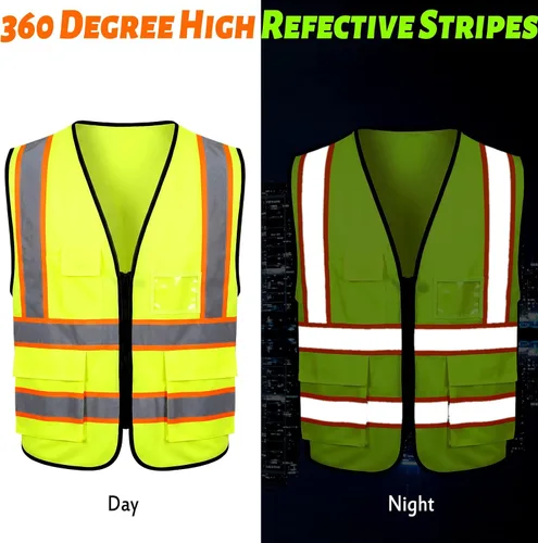 Vista 4 de EBOOT Chaleco reflectante de alta visibilidad, 20 piezas, chaleco de seguridad neón brillante con bolsillos, tiras reflectantes (verde fluorescente)