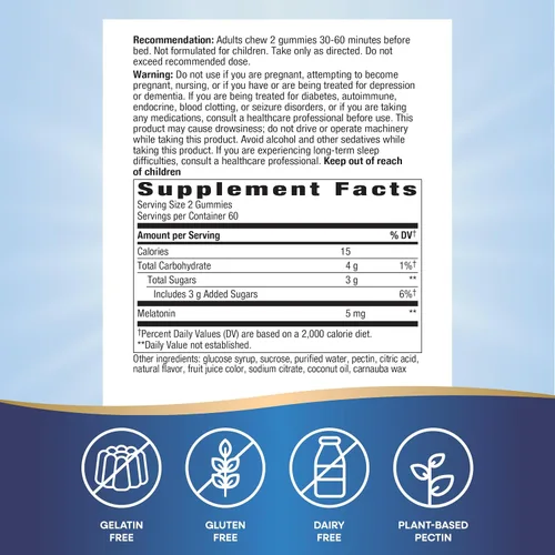 Vista 4 de Nature's Way Gomitas de melatonina para adultos, apoyan el sueño reparador*, duerme más rápido*, sabor a fresa, 5 mg de gomitas de melatonina por 2