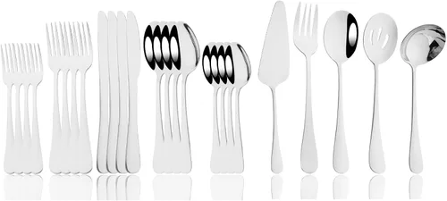 Vista 11 de JASHII Juego de cubiertos de 25 piezas con tenedor y cuchara con utensilios para servir para 4, cubiertos de acero inoxidable de grado alimenticio
