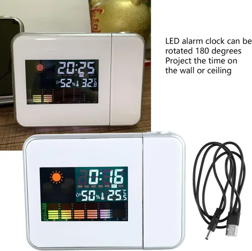 Vista 4 de Reloj despertador de proyección para dormitorio, reloj digital con proyector giratorio de 180°, pantalla LED transparente, cargador USB, repetición