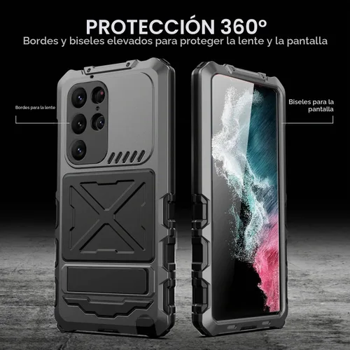 Vista 4 de Simicoo Samsung S23 Ultra - Funda de metal para parachoques, color negro, resistente Armor Defender con Gorilla Glass integrado, protección de grado