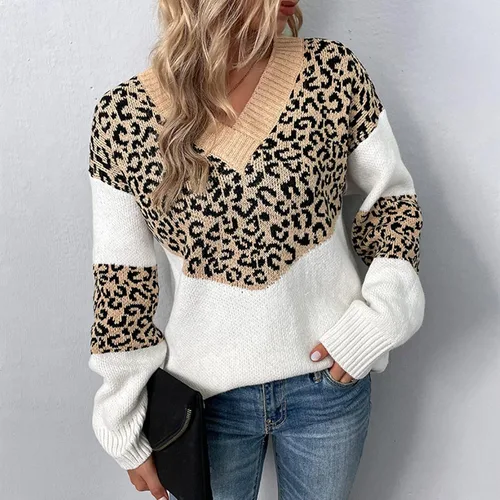 Vista 2 de Suéteres largos para mujer, suéter de punto con estampado de leopardo y manga larga para otoño
