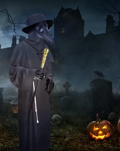 Vista 6 de Nicexx Disfraz de médico de la peste 6 en 1 máscara de pico de Halloween para adultos