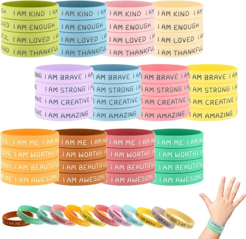 Vista 8 de Sratte 48 pulseras de silicona inspiradoras para niños, de goma motivacional, elásticas, unisex, pulseras de afirmación para estudiantes, regalo