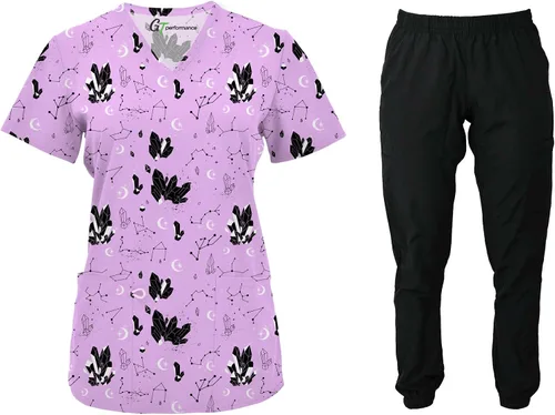 Vista 2 de Conjunto médico de enfermería para mujer, camiseta estampada GT 4FLEX y pantalón deportivo, piedra preciosapantalón negro, talla XL, GemstoneBlack