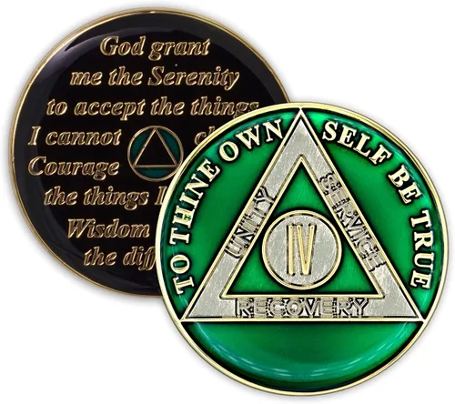 Vista 10 de Moneda de sobriedad de 4 años Ficha de aniversario de recuperación de chip AA Triplate (negro) Alcoholics Anonymous 24k Gold Plated Heavy