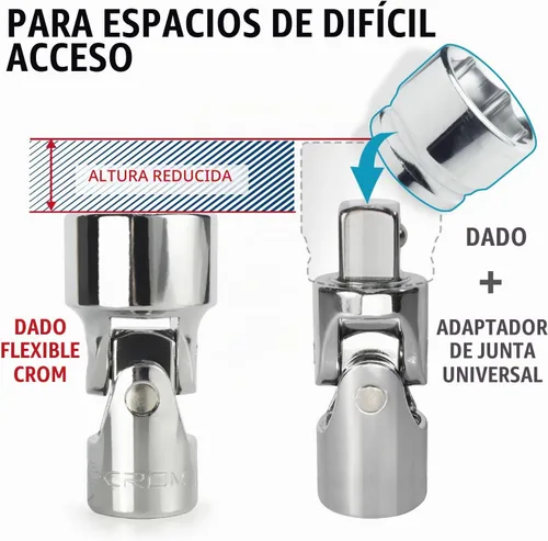 Vista 4 de CROM Juego Universal de Llaves de Enchufe Flexible - Juego de Llaves de Enchufe Giratorias de 6 Puntos - Junta Giratoria para un Acceso Más Fácil a