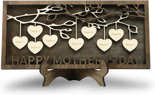 Vista 26 de Regalos para mamá, letrero de árbol familiar personalizado con nombres personalizados, placas de madera, decoración grabada con nombres familiares