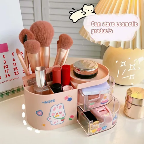Vista 3 de MLAFE Kawaii - Caja de almacenamiento de artículos de papelería, organizador de maquillaje, suministros de cuenta de mano, lindo organizador Rosa