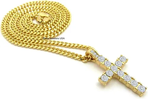 Vista 5 de Collar de cadena cubana con colgante de micro cruz de oro egipcio para hombre
