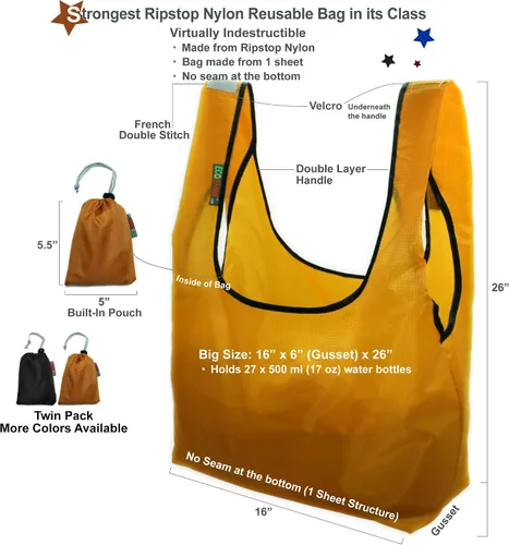 Vista 2 de Bolsa de compras reutilizable plegable de nailon Ripstop con bolsa integrada (negro y mostaza)