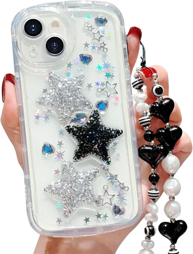 Vista 14 de Compatible con iPhone 11 Pro Funda Transparente Bonita con Diseño de Estrella con Purpurina en 3D con Perlas y Pulsera de Perlas, Diseño de Cadena