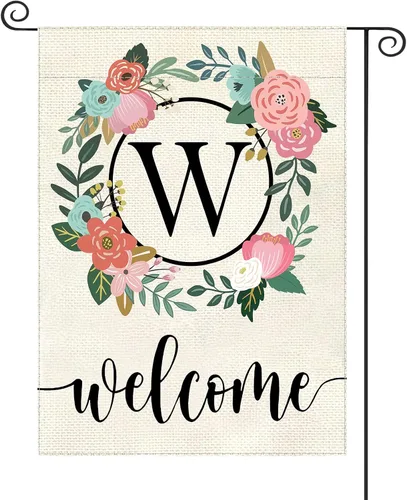 Vista 26 de Bandera de jardín con letra monograma, floral, 12 x 18 pulgadas, doble cara para exterior, pequeña de arpillera, familia, apellido, bandera inicial
