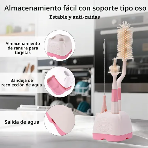Vista 7 de Juego de cepillos de silicona 3 en 1 para botellas de bebé, limpiador multiusos de botellas, cepillo para botellas con soporte de almacenamiento