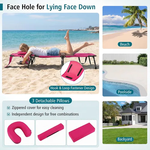 Vista 4 de Goplus Silla de bronceado, silla de playa plegable con agujero facial, almohada extraíble, correa de transporte, posición ajustable, silla