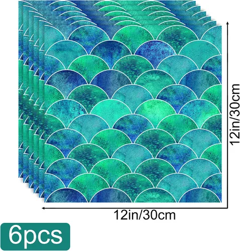Vista 2 de Hyun-chae - 6 calcomanías de escamas de peces de 12 x 12 pulgadas, color azul, removibles, impermeables, autoadhesivas, para cocina, muebles de baño