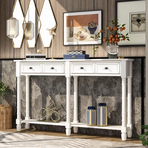 Vista 33 de Quarte Elegante mesa consola con tres cajones de almacenamiento, mesa de sofá extra larga para entrada, pasillo, sala de estar, vestíbulo, pasillo
