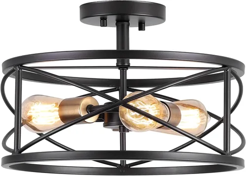 Vista 8 de mavcadonf Lámpara de techo semiempotrada de 2 luces, de 14 pulgadas, industrial y moderna, con jaula de metal, lámpara de techo con acabado