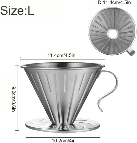 Vista 2 de Gotero de café con forma de V de acero inoxidable 304, filtro de café de goteo lento, filtro de café reutilizable con asa, accesorio para cafetera