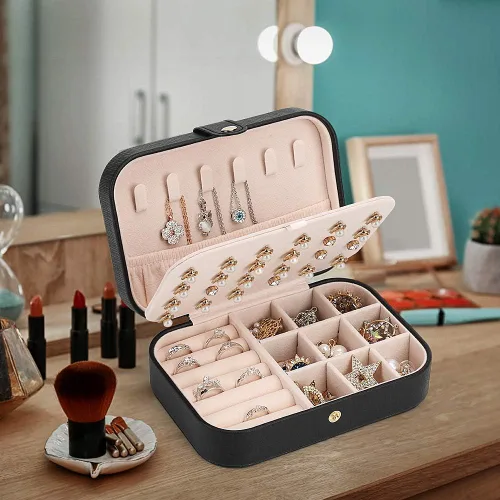 Vista 2 de FEISCON Joyero pequeño organizador de almacenamiento para collares, anillos, mini joyero, organizador de joyas de viaje de doble capa para mujeres