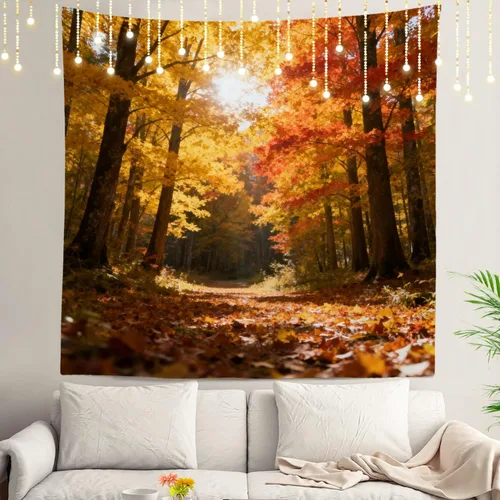 Vista 68 de Shrahala Tapiz de pared de hojas de arce otoñal, hojas rojas sin costuras sobre negro para colgar en la pared, tapiz grande decorativo de fibra