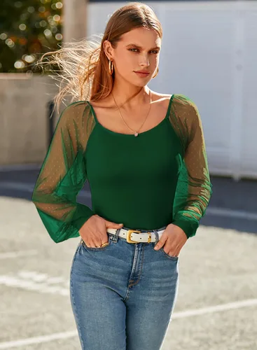 Vista 2 de DOROSE Camisas de manga larga de malla para mujer, blusas informales