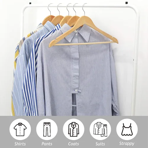 Vista 3 de Paquete de 18 perchas de madera resistente con acabado extra suave, muescas cortadas con precisión y gancho giratorio cromado de 360 grados, perchas