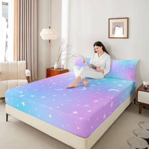 Vista 4 de Sábana bajera de galaxia tamaño individual, juego de ropa de cama con purpurina degradado para niños, niñas, niños y mujeres, decoración