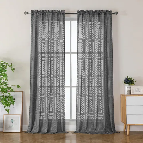 Vista 76 de Simplebrand Cortinas traslúcidas negras de cocina de 24 pulgadas de largo, 2 paneles, filtrado de luz, geométrico jacquard con textura, cortinas