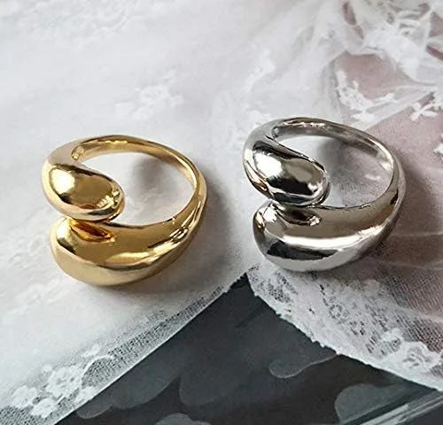 Vista 3 de KURTCB Anillo abierto grueso chapado en oro de 14 quilates, minimalista, ajustable, lágrima, ancho, atrevido anillo para mujeres y niñas, Metal, Oro