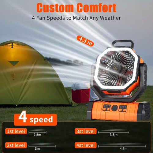 Vista 6 de Ventilador recargable, ventilador de camping operado por batería con gancho y luz LED brillante, control remoto, temporizador, oscilación