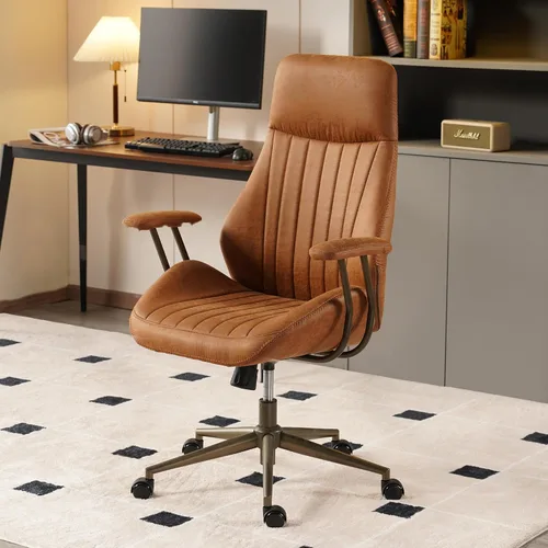 Vista 17 de Silla de oficina ergonómica para grandes y altos, silla ejecutiva moderna de mediados de siglo con soporte lumbar, respaldo alto, cojín grueso, piel