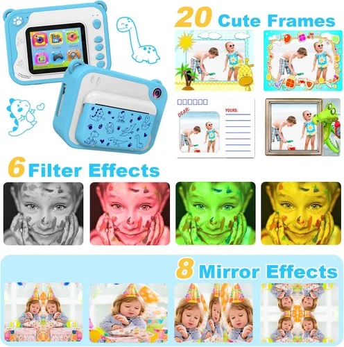 Vista 4 de Cámara para niños con impresión instantánea, video de 1080P, tarjeta SD de 32 GB, juguete para niños, regalos de cumpleaños de Pascua para niños