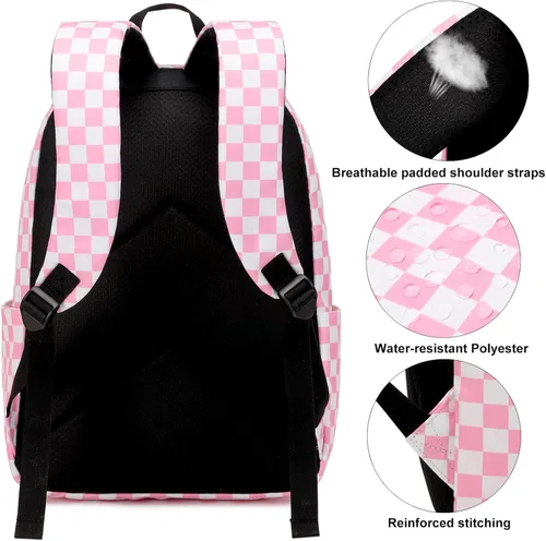 Vista 3 de Dezcrab Mochila para niñas, niños, mochila escolar para adolescentes, mujeres, universidad, mochila casual, Rosa a cuadros., Mochilas de viaje