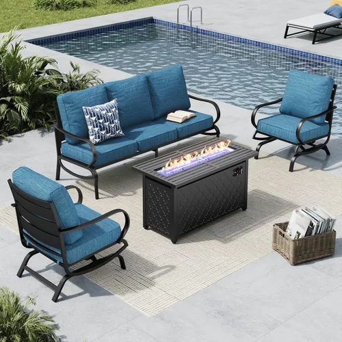 Vista 35 de MFSTUDIO Juego de 4 piezas de conversación para patio, marco de metal para todo tipo de clima, muebles de exterior con 1 mesa rectangular de propano