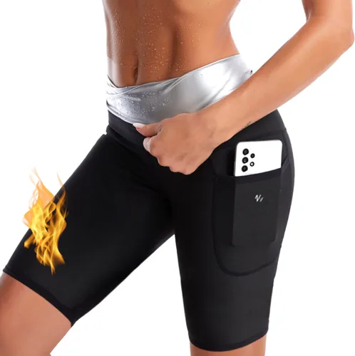Vista 7 de Nano Hertz Traje de sauna para sudar, moldeador, pantalones cortos con bolsillos, entrenamiento de cintura, traje para ejercicio, fitness, gimnasio