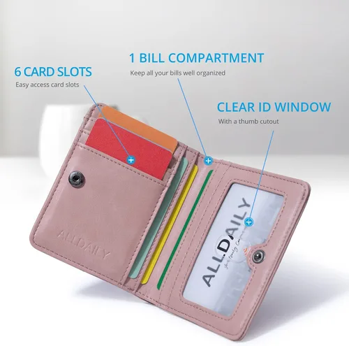 Vista 4 de Alldaily Pequeña cartera RFID para mujer, delgada, compacta, plegable, con bolsillo, mini monedero de viaje para mujer, Rosa oscuro, Compacto