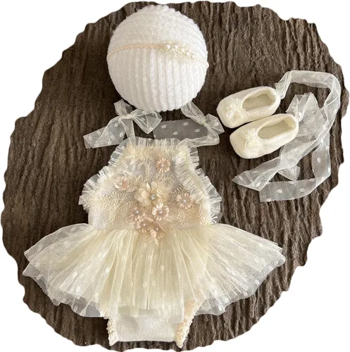 Vista 6 de Zeroest Conjunto de Accesorios para Fotografía de Recién Nacidos, Juego de Vestido de Encaje para Niña, Traje para Sesión de Fotos de Bebé Niña