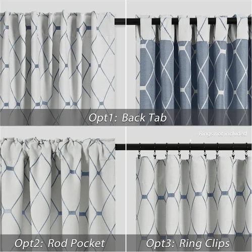 Vista 3 de Nanspring Cortinas blancas con patrón geométrico azul de 84 pulgadas de largo, juego de 2 paneles para sala de estar, pestaña trasera y bolsillo